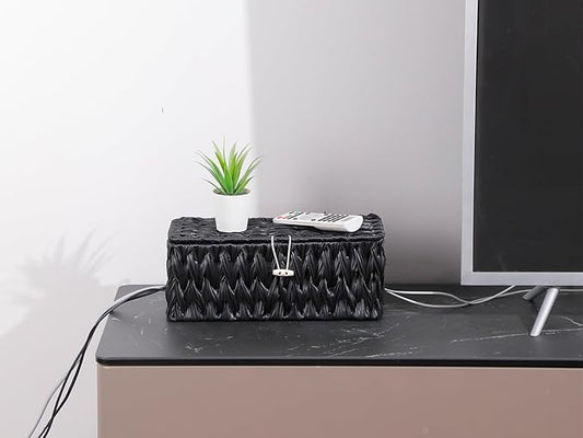 Black Cable Management Box,2 Pack Large & Medium Rattan Cable Organizer Box for Power Strip,2 Open Slots Cords Hider Box for TV Wires, Computer, Router, USB Hub and Under Desk Power Strip