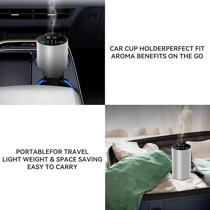 Waterless Essential Oil Diffuser Battery Operated Cordless Aromatherapy Diffuser with Timing & 3 Mist Levels car Diffuser,Black Aluminum Alloy (Silver)