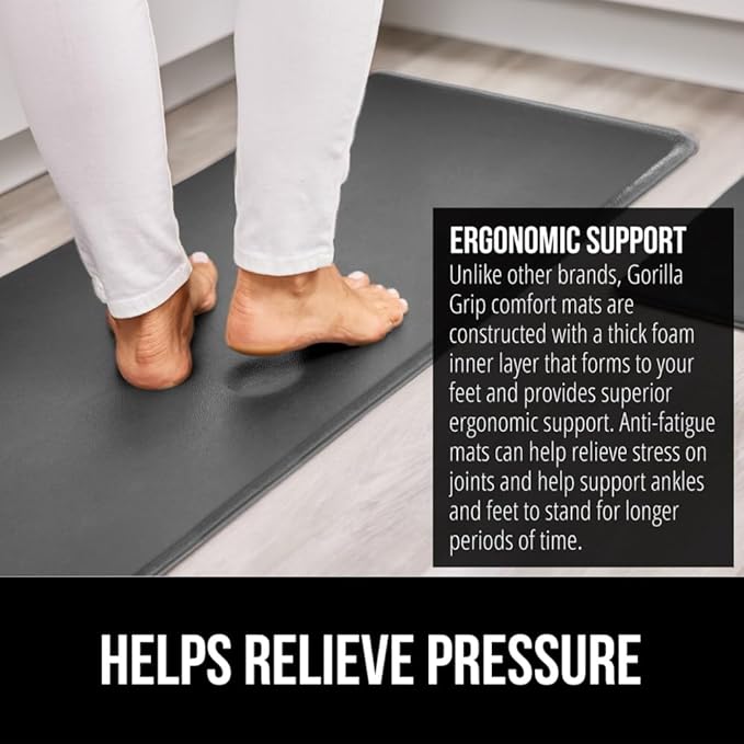 GORILLA GRIP 2 Pack Comfortable Cushioned Kitchen Mats for Floor, 17x24 + 17x48, Waterproof, Stain Resistant, 1/2 Inch Thick Soft Ergonomic Standing Desk Anti Fatigue Mat, Foam Supports Feet, Charcoal