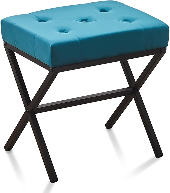 Wimarsbon Ottoman Foot Stool Tufted Vanity Stool Ottomans Thickened Cushion Footstool Mulifunctional Shoe Changing Seat Step Stools with Metal X Leg for Living Room Bedroom Velvet Teal