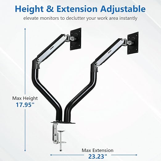 Lyngins Dual Monitor Stand, 17-32 inch Monitor Mounts for 2 Computer Screens, VESA Mount with 75/100 mm, Each Arm Supports Up to 20.94 lbs, Double Monitors Arm Desk Mount - Black