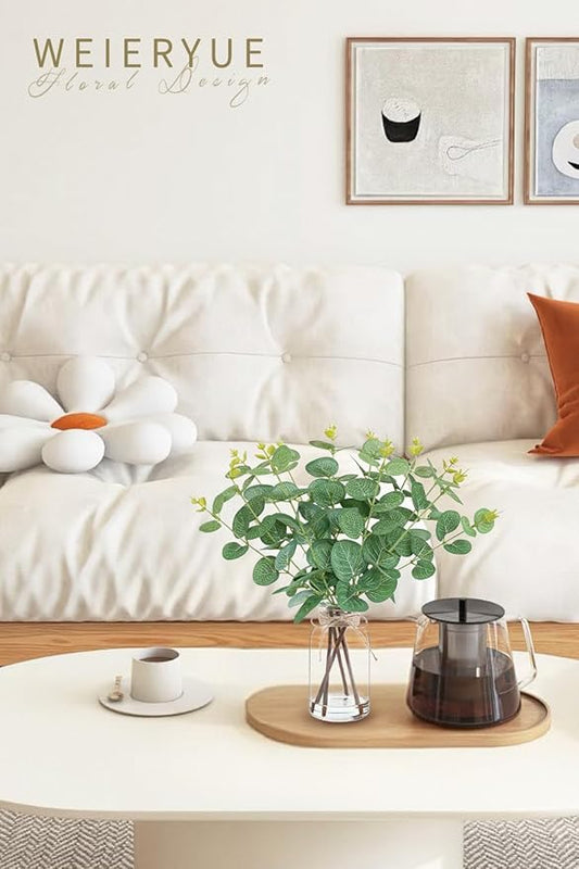 Artificial Eucalyptus Stems in Glass Vase with Faux Water,Artificial Plants Eucalyptus Leaves for Shelf Desk Bathroom Farmhouse Room Coffee Table Home Decor, Central Decoration.