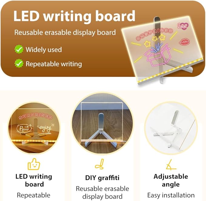 LED Note Board with Colors, 2026 New Creative Rewritable Acrylic LED Message Board, Luminous Acrylic Message Board Colors Notepad with Stand and 7 Pens for Office School Home (L(12"*8"))