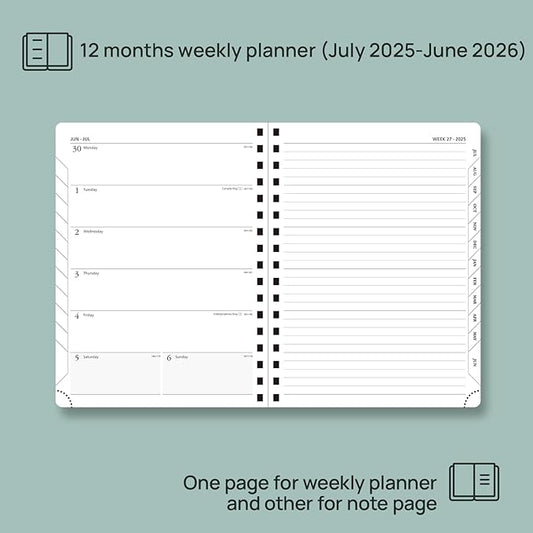 POPRUN Planner 2025-2026 Weekly Notebook (Medium 8.5''x 6.5''), Academic Calendar (JUL.25 - JUN.26) Appointment Book with Monthly Tabs, Spiral Soft Cover, Inner Pocket, 100 GSM - Cerulean Blue