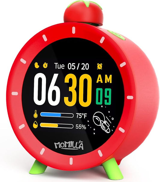 MOMILLA Kids Alarm Clock for Bedrooms, Colorful Display 7-Day Programmable 4 Alarms, Easy Visual Timer with White Noise, Cute Small Digital Clock, Gifts for Girls Boys Adults, Loud for Heavy Sleepers