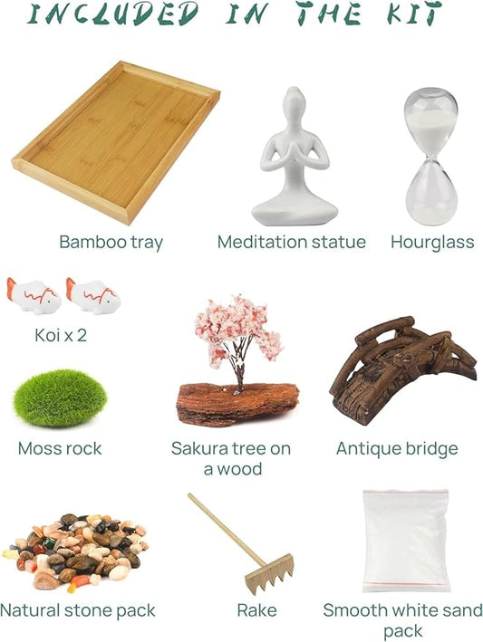 Melonva Japanese Zen Garden for Desk - Life Flows 12" x 8" Desktop Mini Zen Garden with White Sand Artificial Tree Rocks Rakes & Accessories - Meditation Zen Gifts Sand Tray Play Kit Zen Decor
