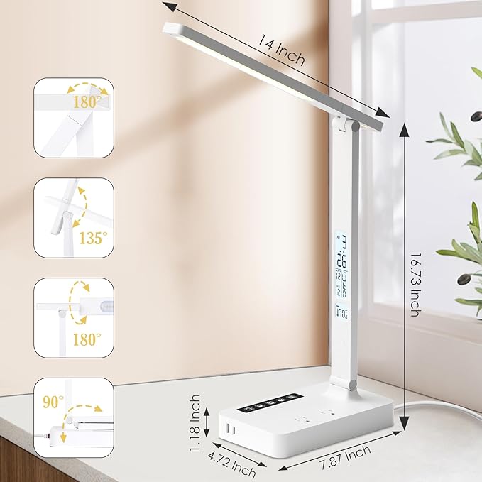 Infiway Desk Lamp with USB Charging Port: LED Desk Lamps for Home Office - 1 Type-C, 1 USB-A Charging Port, 2 AC Power Outlets - Touch Control Dimmable 5 Color 5 Brightness