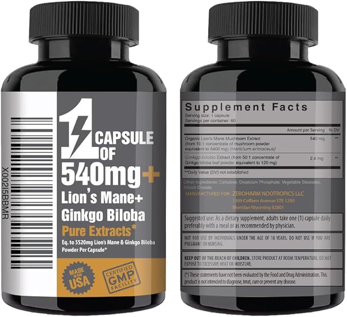 Lions Mane Supplement Organic Capsules - with Ginkgo Biloba - Cognitive Health, Focus & Memory Support - Natural Superfood for Brain, Energy & Immune Health - 60 Capsules - 2 Month Supply