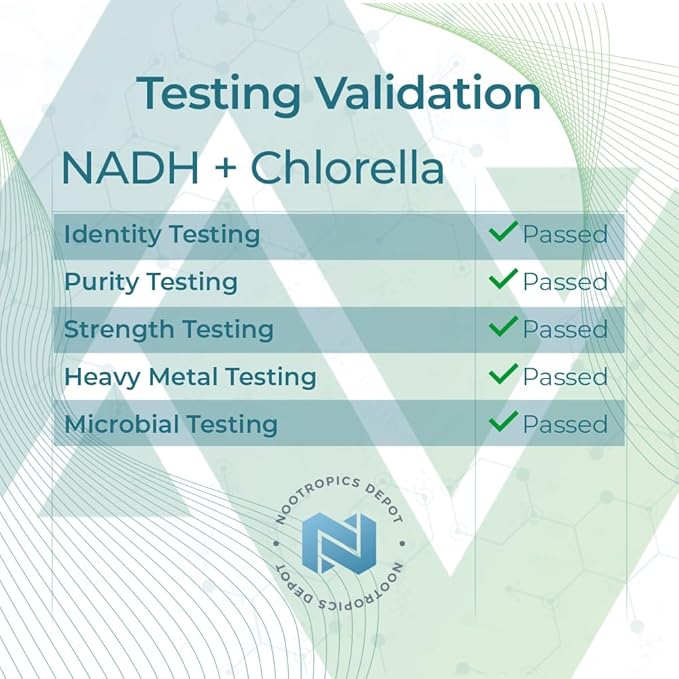Nootropics Depot NADH + Chlorella vulgaris (Broken Cell) 400mg Capsules | Nicotinamide Adenine Dinucleotide 20mg | Chlorophyll 10mg | Energy, Alertness, Mental Clarity & Healthy Aging, 30 Count
