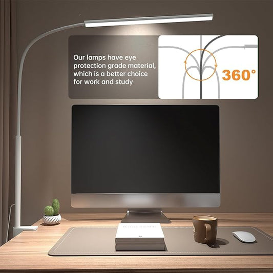 LED Desk Lamp with Clamp, Eye-Protection Clip on Desk Lamp, 5 Modes 10 Brightness Adjustment, 360°Flexible Gooseneck Lamp for Home Office, Lamps with USB Adapter,White