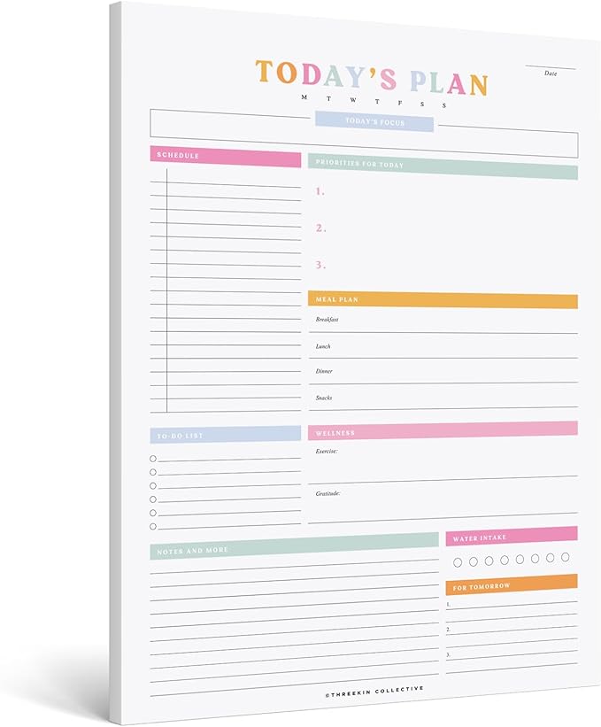 ThreeKin To-Do List Planner – Daily Tear-Off Notepad (50 Sheets, 8.5” x 11”) for Maximum Productivity – Colorful Layout for Work, School & Home – USA Women-Owned Brand