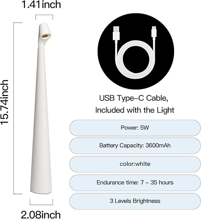 Cordless Table lamp, Rechargeable Wireless Desk Lamp, Portable Bedside Lamp 3 Levels Brightness, Battery Operated LED Desk Lamp for Bedroom Restaurant Reading (White)