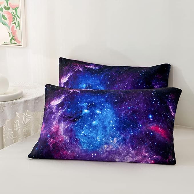 Galaxy Full Bedding Sets,7PCS Galaxy Comforter Sets,Purple Comforter,Girls Bed Sets Full,Bed in a Bag with Flat Sheet and Fitted Sheet,Pillowcases,Cushion Covers for Girls