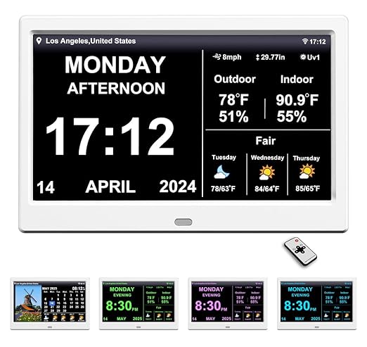 2025 New Digital Clock with Temperature/Humidity & Weather Forecast, Auto Time Sync Large Display, Custom Alarms & Medication Reminders, Ideal for Elderly (White, 10.1inch)