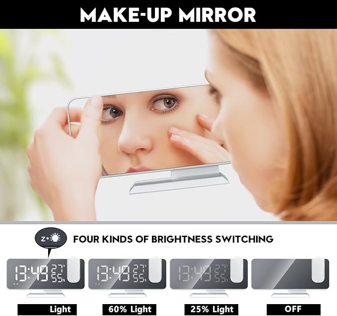 Projection Alarm Clock for Bedroom, Digital Alarm Clock with USB Charger, 7.4" Large LED Mirror Display Radio Alarm Clock, Dual Smart Alarm with Projection on Ceiling, White