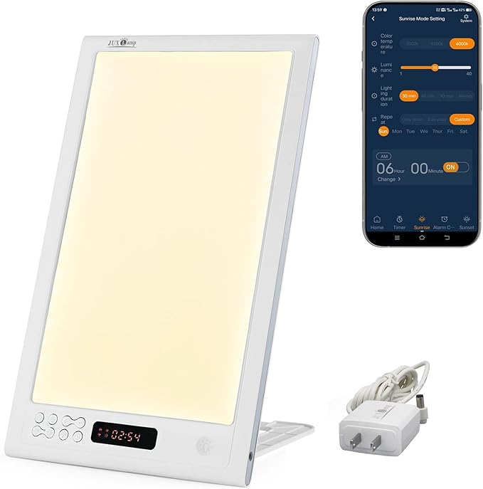 Light Therapy Sunrise Wake-up lamp APP Control Light Alarm Clock UV-Free 3 Color 12000lux Full Spectrum Sun lamp Restorative Strength, Focusing Attention