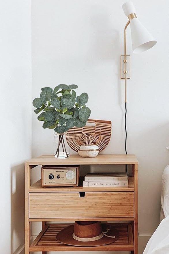 Artificial Eucalyptus Stems in Glass Vase with Faux Water,Artificial Plants Eucalyptus Leaves for Shelf Desk Bathroom Farmhouse Room Coffee Table Home Decor, Central Decoration.