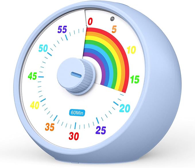 Visual Timer for Kids, 60-Minute Countdown Timer for Classroom Office Kitchen, Desk Timer Kids Time Management Tools with Silent Operation, Pomodoro Time Rainbow Pattern (Aquamarine)