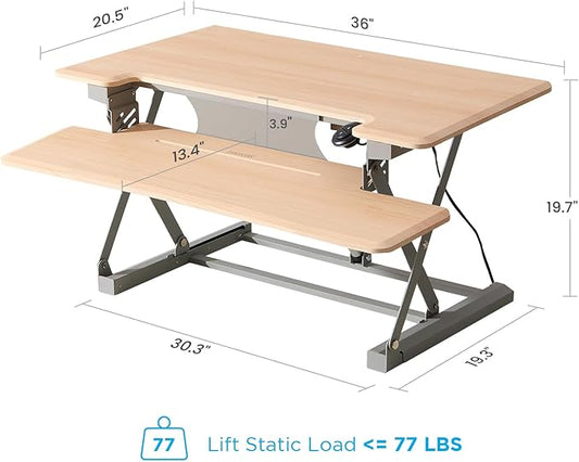 36" Electric Standing Desk Converter, Dyropcurv Series Height Adjustable Computer Desk Ergonomic Home Office Desk for Adults, Sit to Stand Desk with Quiet Motor, Light Wood