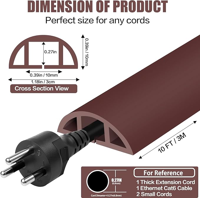 Floor Cord Cover Self Adhesive Cord Hider,10FT Cable Management, Extension Strip Protector for Wires, Prevent Cable Trips for Offices, Gyms, Exhibitions Cavity:0.39"(W) x 0.27"(H) Coffee