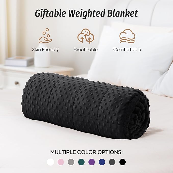 Wemore Minky Dot Weighted Blanket for Adults Twin Size 15 lb, Soft Heavy Blanket for Stress Relief and Sleep Promotion, Breathable Blanket for All-Season with Glass Beads, Black 48 x 72 inches