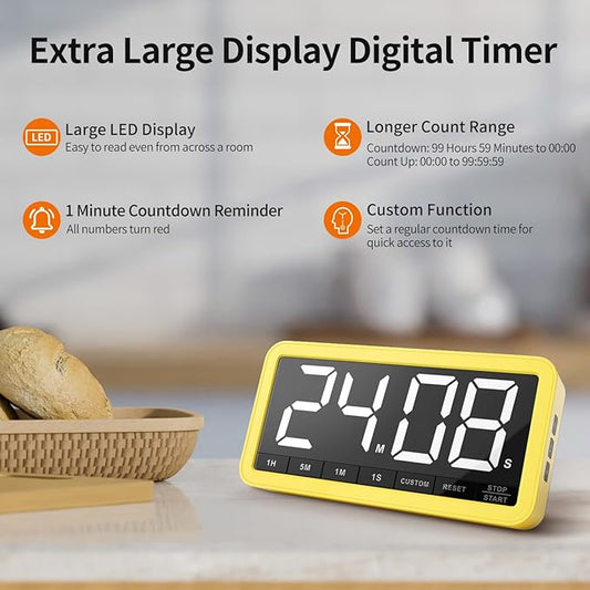 VOCOO Digital Kitchen Timer with 7.8” Extra Large Display, Magnetic, 3 Brightness, 4 Alarms and 3 Volume Levels, Battery Countdown Count Up Timer for Cooking, Classroom, Home Gym (Yellow)