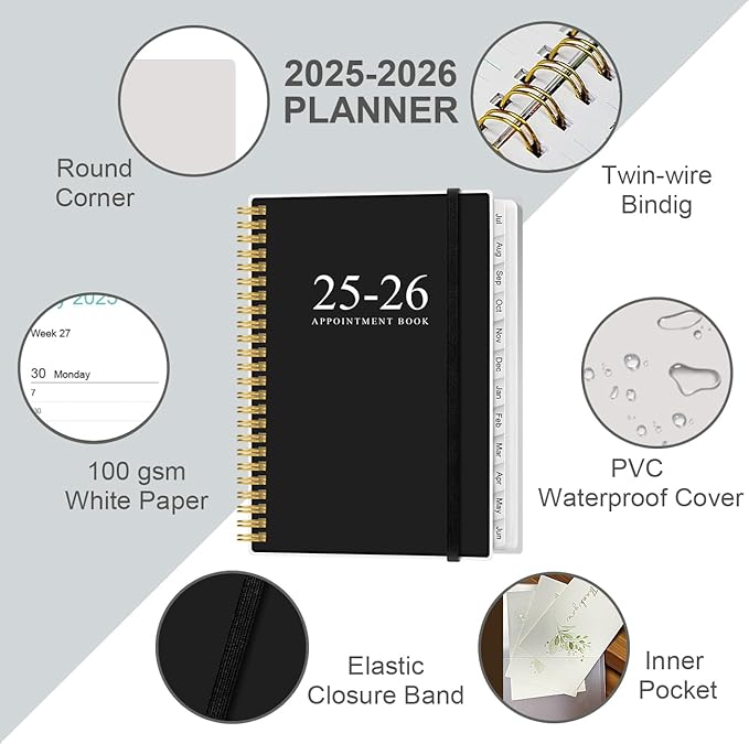 2025-2026 Appointment Book & Planner - Hourly Planner from July 2025 - June 2026, Weekly Appointment Book 2025-2026 with 30-Minute Interval, 6.4" x 8.5", Black
