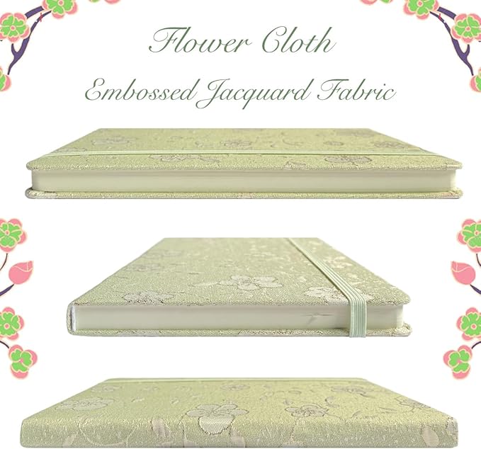 A5 Notebook, Ruled Paper, Lined Page, Hardcover, Layflat, Linen Cover, Flower Fabric, Journal for Women, Elastic Band Closure, Cute Notebooks for School, Office, Personal Writing, Green