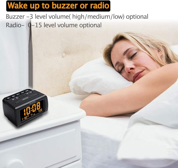 DreamSky Alarm Clock Radios for Bedrooms with Battery Backup, Large Big Numbers with Brightness Dimmer, USB Port, Bedside Digital FM Radio with Sleep Timer, Temperature, Adjustable Volume, Snooze