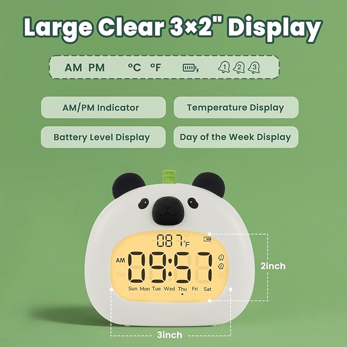 Panda Alarm Clock with Night Light for Kids – Cute Digital Sleep Trainer with LED Display, 3 Alarms, Countdown Timer, Adjustable Brightness – Rechargeable Bedside Clock for Boys and Girls