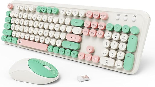 Wireless Keyboards Mouse Combos, Colorful Cute Typewriter Full-Size Retro Round Creamy Keyboard, 2.4GHz Sleep Mode Office Wireless Keyboard and Mouse Set for Desktop Laptop PC Computer