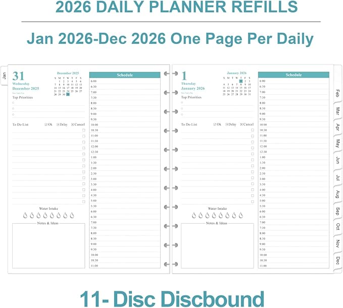 2026 Planner Refills, 11-Disc Discbound One Page Per Day, Daily & Monthly Planner Refill from January 2026 - December 2026, Letter Size, 8.5" x 11"