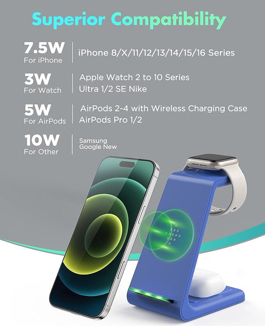 3 in 1 Wireless Charging Station, 2025 Upgraded Fast Desk Charger Station for iPhone 16 15 14 13 12 Pro Max Plus, Charger Stand for Apple Watch 10 9 8 7 6 5 4 3 2 SE, Airpods 4 3 2 Pro(Blue)