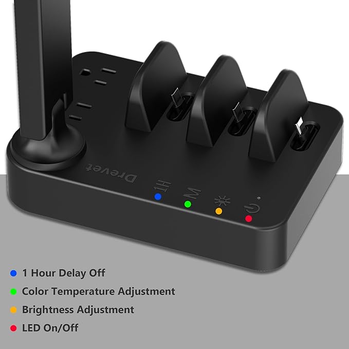 Drevet LED Desk Lamp with Charging Station, Desk Light with 3 USB C Chargers and 2 AC Power Outlets, 3 Lighting Mode, 3 Level Brightness,1H Timer, Touch Control, Eye-Caring Home Office Foldable Lamp