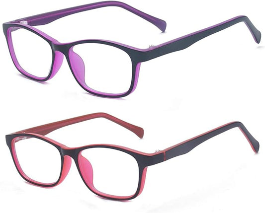Outray 2 Pack Kids Anti Blue Light Glasses Classic Rectangle Eyewear Anti Harmful Blue Light/UV400 | Anti Glare (Purple+Red, 47)