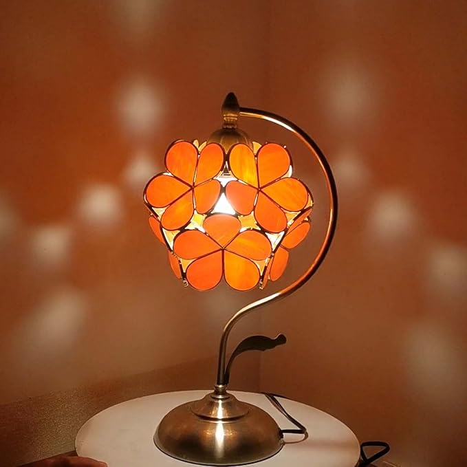 Bieye L10753 Tiffany Style Stained Glass Flower Petal Table Lamp with Brass Base for Home Décor (Orange, 8" Cherry Blossom)