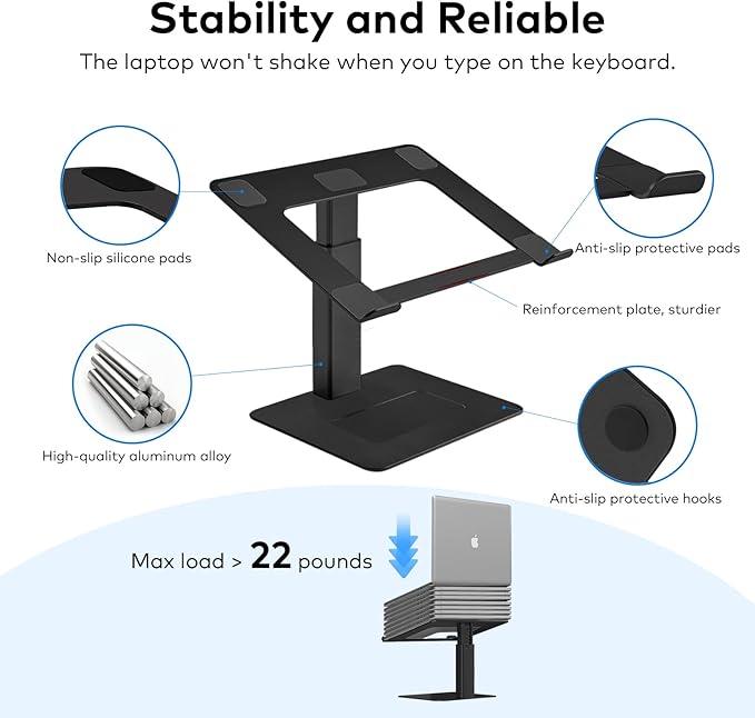 Laptop Stand for Desk, Ergonomic Aluminum Laptop Stand Adjustable Height from 7-15", Sitting and Standing Laptop Riser for 10-17" Notebook (Black)