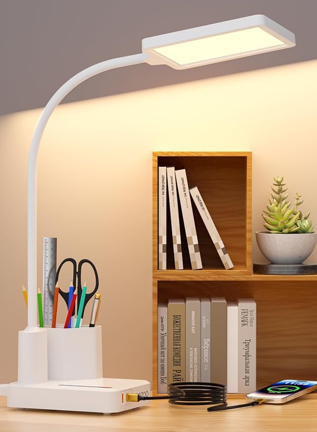 Desk Lamp, LED Desk Lamps for Home Office with 2 USB Charging Port/Outlet/Organizer,Desk Lamp for College Dorm Eye-Caring Study Light,Gooseneck Table Lamp with Pen Holders/Storage,9 Lighting Modes