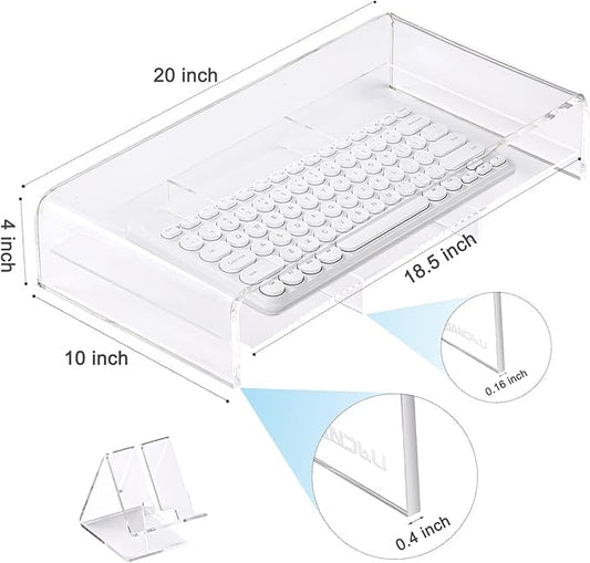 Acrylic Monitor Stand - 20" L x 10" W x 4" H Clear Riser With Removable Storage Compartment for Laptop, TV Screen, Printer - Includes Free Cell Phone Stand