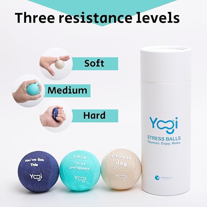 Yogi Stress Ball with Finger Grip Strap ā Squeeze Ball for Anxiety Relief & Hand Therapy ā Grip Strength Trainer for Adults & Kids, Fidget Toy for Stress Relief, Squishy Sensory Ball