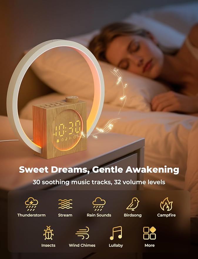LIORQUE Sunrise Alarm Clock, Wake up Light with White Noise for Heavy Sleepers, Adjustable Sleep Timer, Volume&Brightness, Night Light with Dynamic Colors, 30 Sleep Sounds for Baby Kids Adults