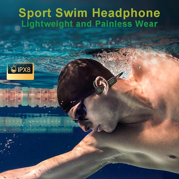 AYI Professional Swim Headphones True Bone Conduction Open Ear Headset MP3 Player Built-in 32G Memory IP68 Underwater Waterproof Bluetooth Earphone for Driving Bicycling Running Skiing-CS05 Black