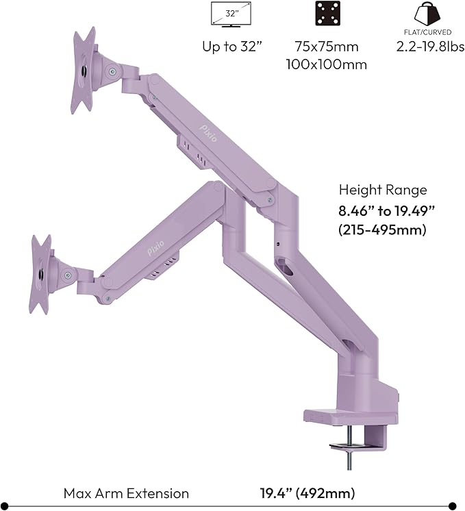 Pixio PS1D Wave Purple Dual Monitor Arm Stand Desk Mount - Fits up to 32 inches Monitors and up to 19.8lbs. VESA Compatibility and Integrated Cable Management