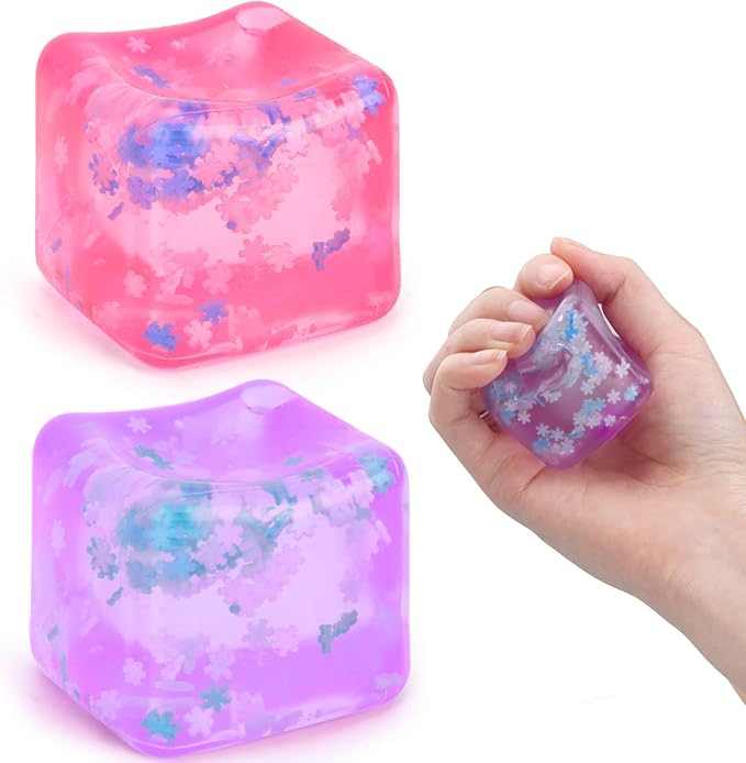 Fidget Toy for All Ages: 2 Pack Soft Sensory Fidget Ice Cube Stress Ball Squishy Cube Stress Relief Toys for Kids, Teens and Adults Party Favors, Birthday Gift for Kids Age 3+, Purple Pink