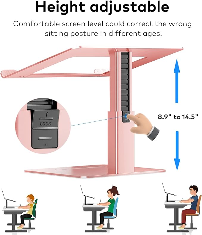 Laptop Stand for Desk, Ergonomic Aluminum Laptop Stand Adjustable Height from 7-15", Sitting and Standing Laptop Riser for 10-17" Notebook (Rose Pink)