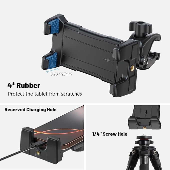 OHLPRO Tablet Mic Stand Holder for iPad Treadmill Handlebar Clamp, Mount for Spin Bike Microphone Peloton Stroller Bicycle, Fit 5-13” iPad Pro 12.9 Air Mini, Galaxy Tab, iPhone, Fire HD 10