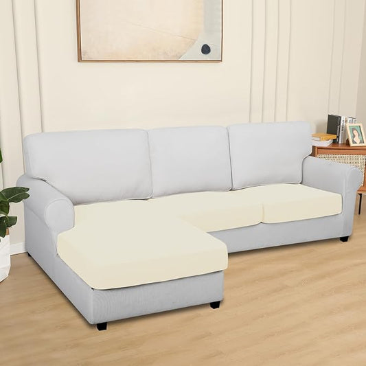 Easy-Going 100% Waterproof 3 Pieces Couch Cushion Covers for Sectional Sofa Left/Right L Shape Chaise Lounge Sofa Seat slipcover Anti-Slip Sofa Cover (2 Seater + 1 Chaise, Ivory