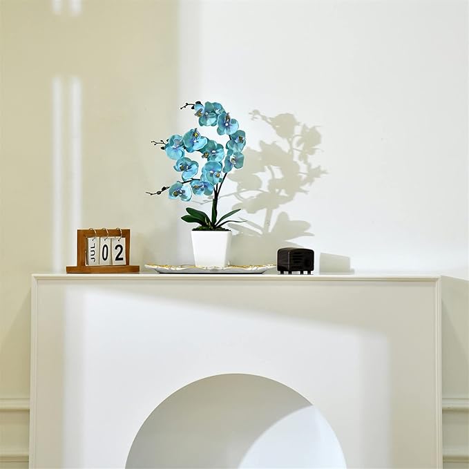 15 Inches Tall Artificial Silk Phalaenopsis Orchid Flower Plant Pot Teal Arrangements (Golden Blue)
