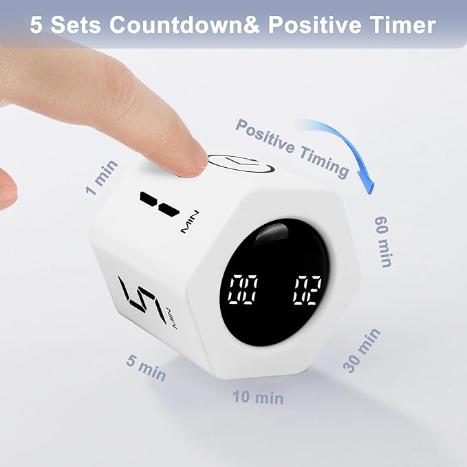 GuDoQi Rotating Pomodoro Timer 1 5 10 30 60 Min Preset, Hexagon ADHD Flip ProductivityTimer Tool Pause, Vibration, Mute, Adjustable Sound Alert for Work, Study, Back to School, Kitchen, White