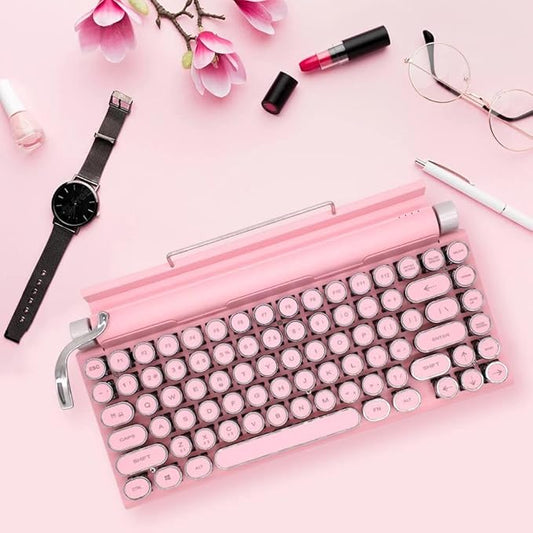 Adventurers Typewriter Bluetooth Wireless Keyboard - 83 Keys, Hot Swappable Blue Switch, Round Keycaps, White Backlit, Compact 75% Layout, Wired, for Windows/Mac/PC/Laptop/iPad, Pink